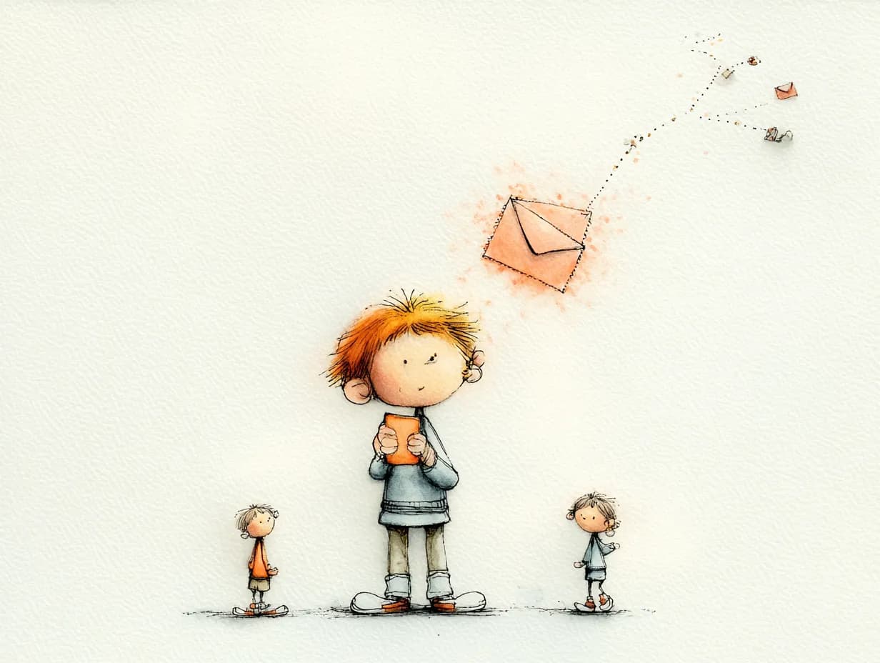 Watercolor illustration of child sending photos