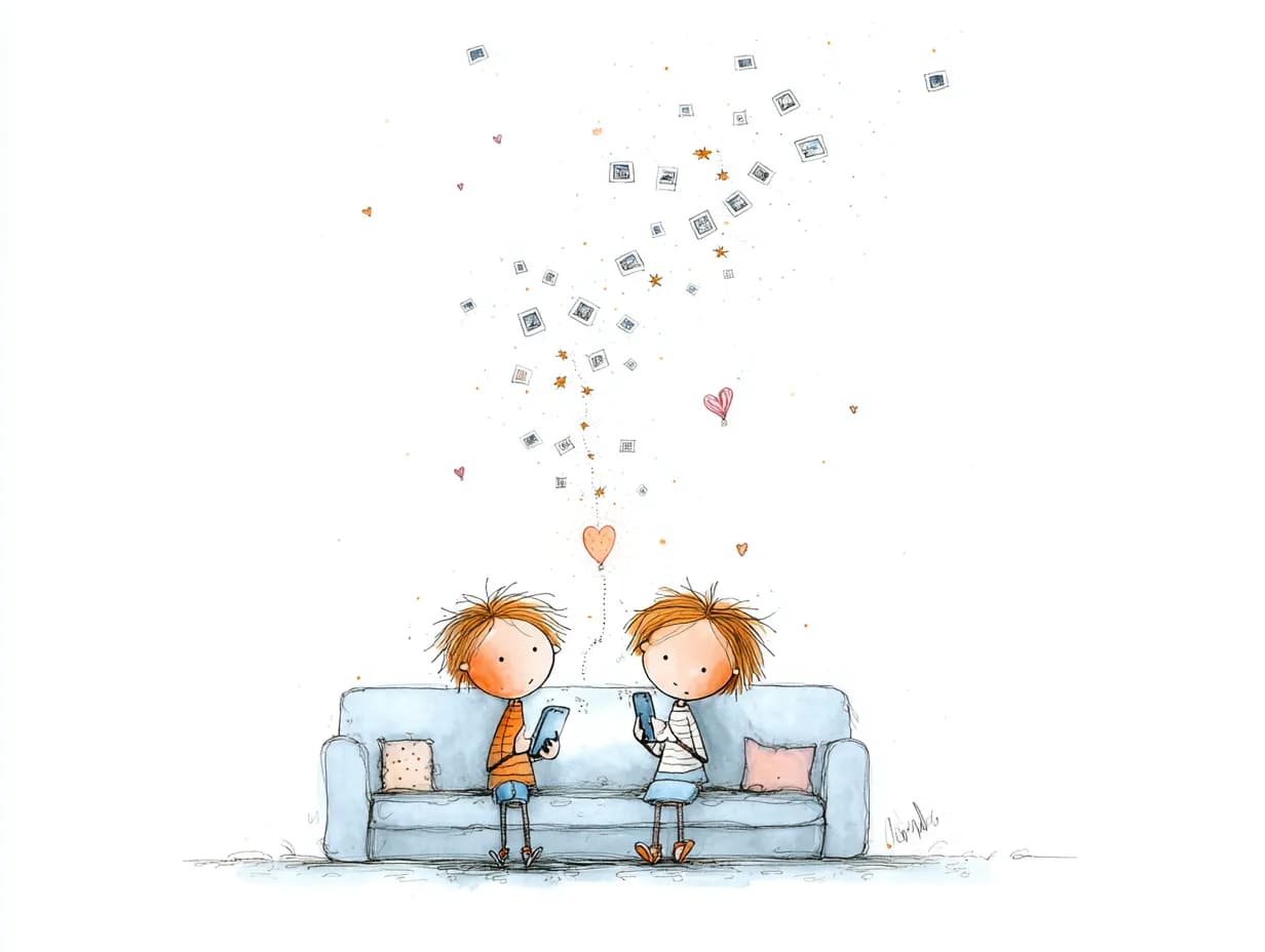 Watercolor illustration of two people sharing photos on couch