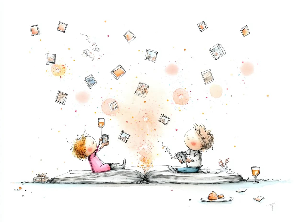 Watercolor illustration of people sharing photos