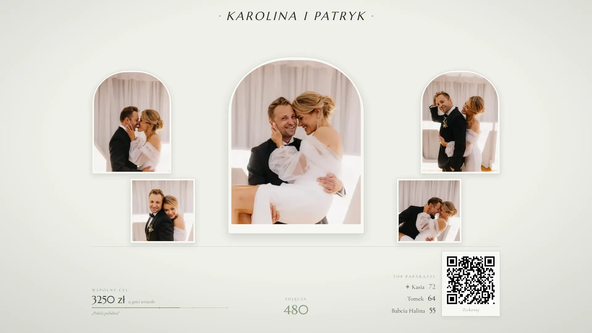 Live Wall na przykładowym weselu: zdjęcia pary w łukach, licznik zdjęć, ranking Top Paparazzi i kod QR