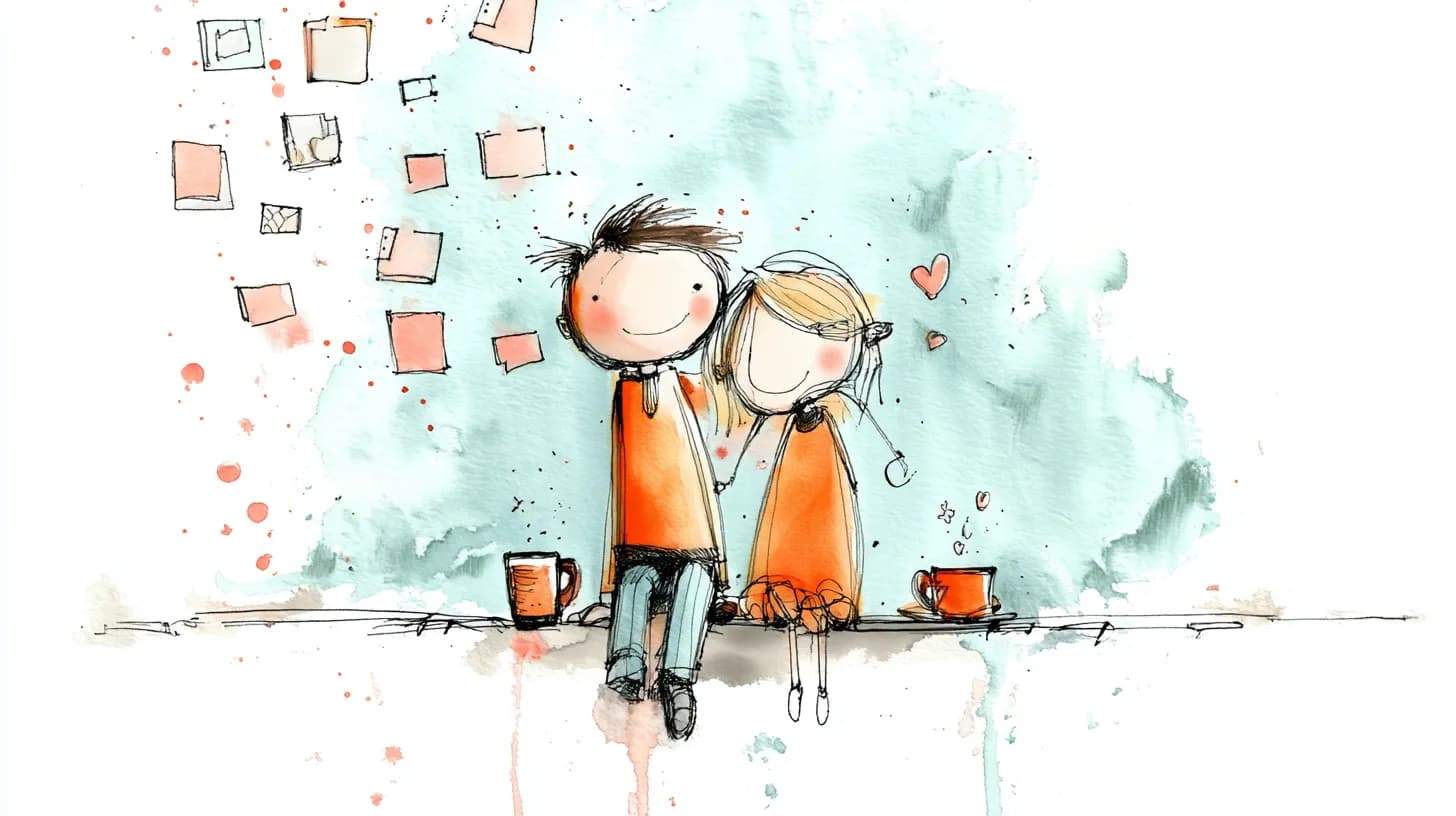 Watercolor illustration of couple viewing photo gallery