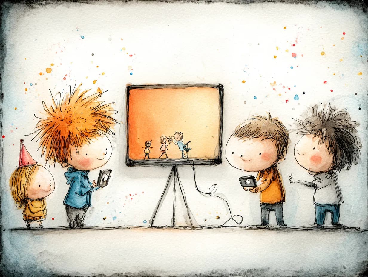 Watercolor illustration of guests viewing live photo gallery on projector