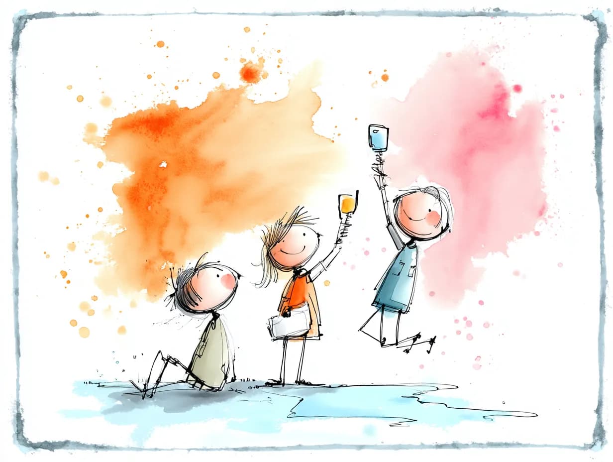 Watercolor illustration of guests taking photos at party