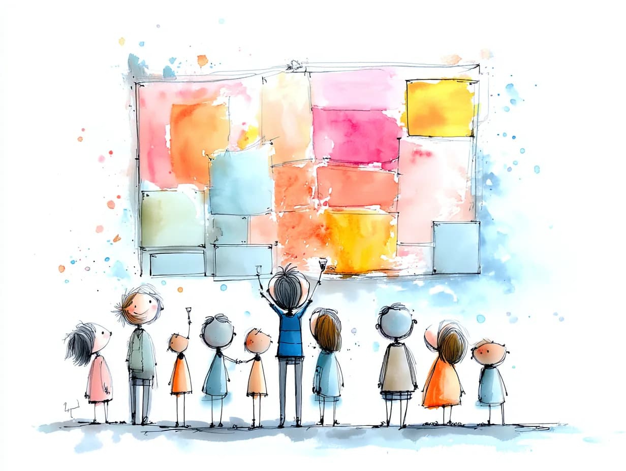 Watercolor illustration of guests viewing photo gallery